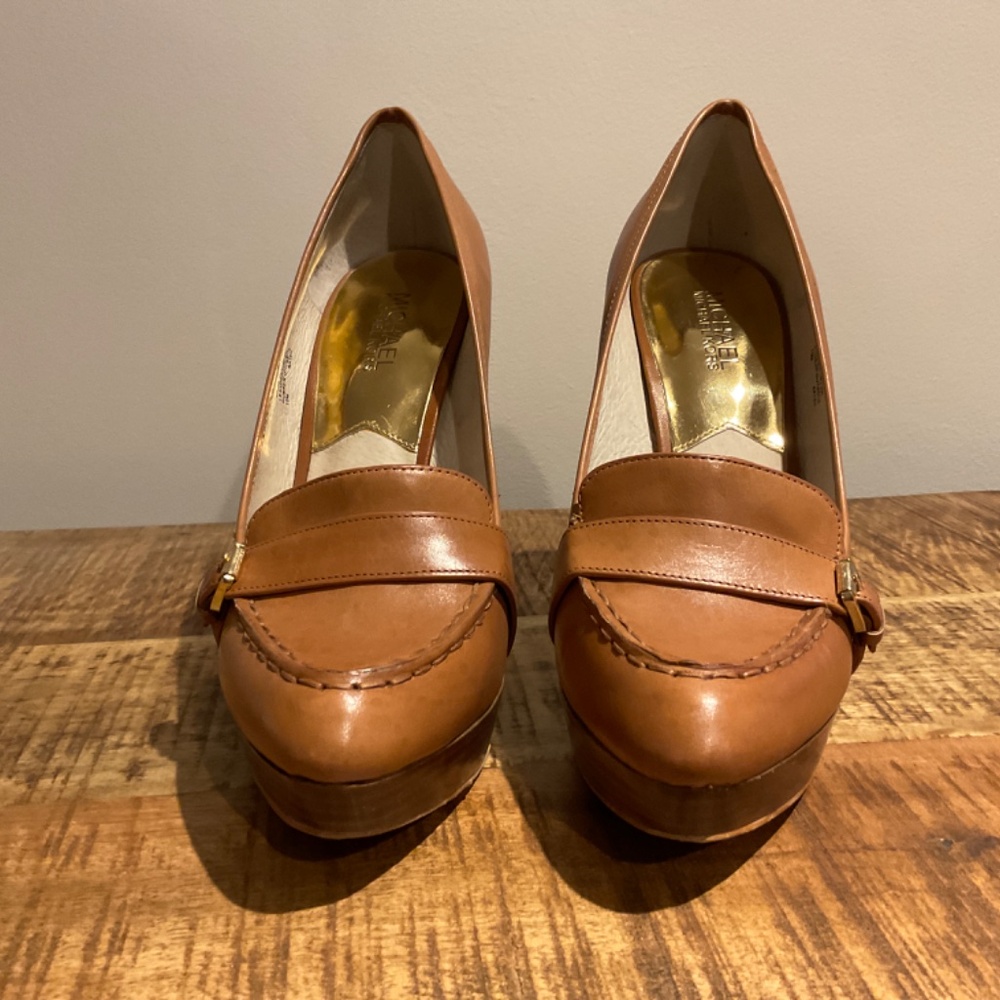 MICHAEL Michael Kors Tan LeatherBedford Platform Heels size 10 - Picture 3 of 12